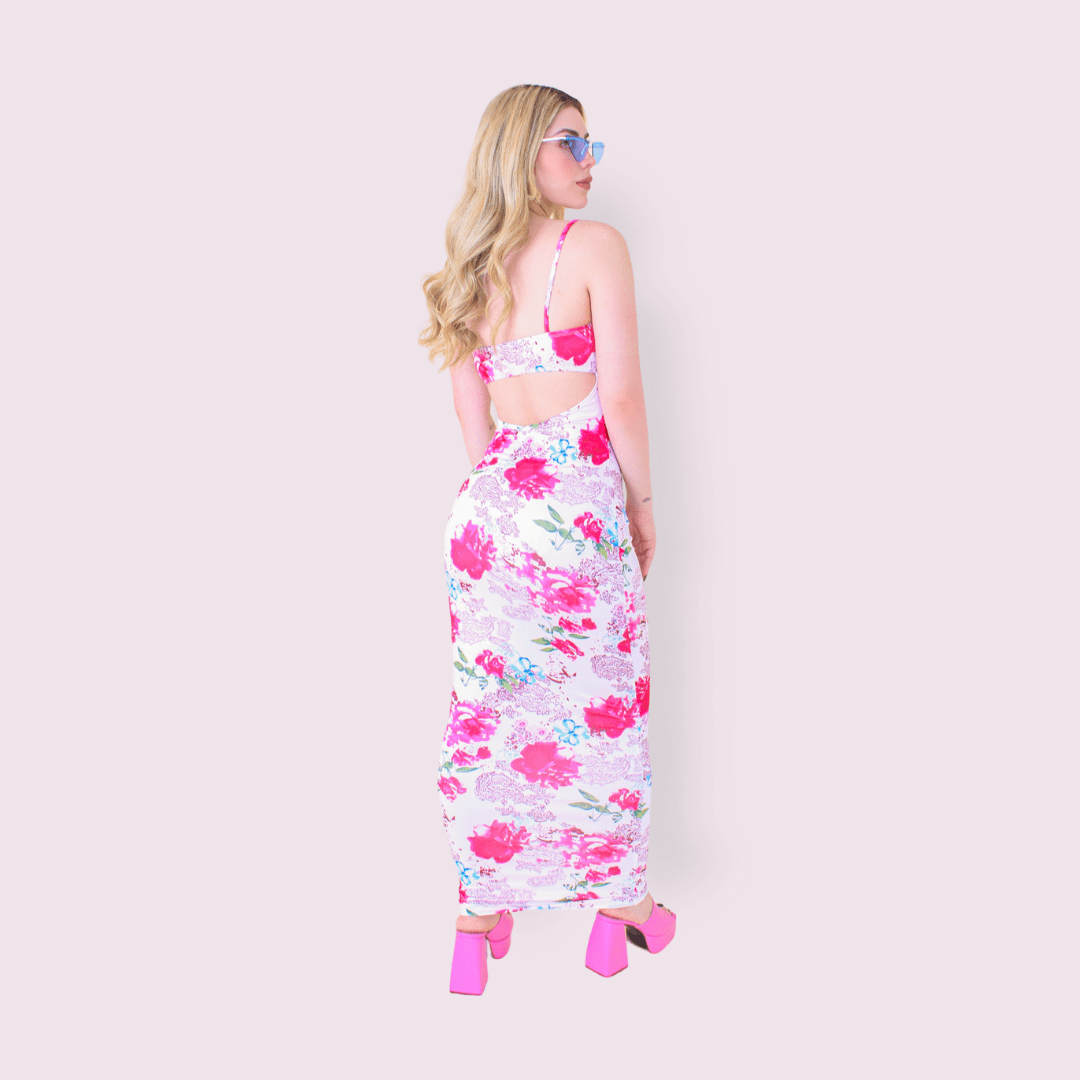 VESTIDO ESTAMPADO FLORES ROSAS /AZUL