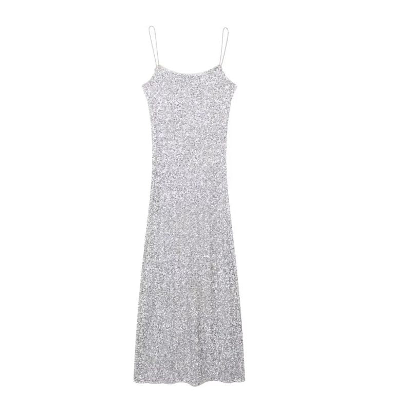 VESTIDO TIRANTE LENTEJUELA PLATA