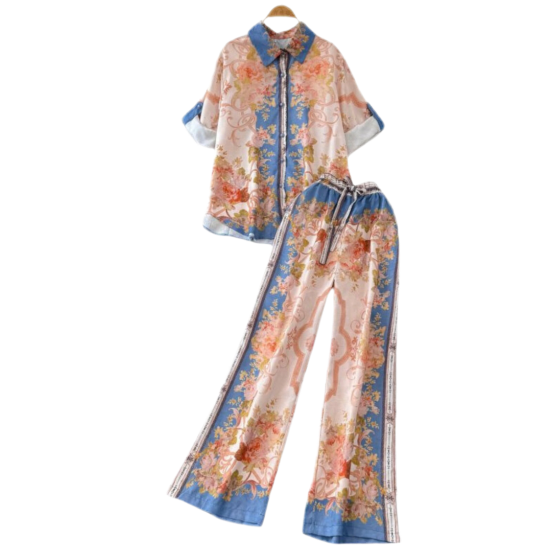 CONJUNTO FLORAL BEIGE Y AZUL