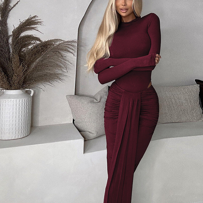 CONJUNTO BODY + FALDA LARGA DRAPEADA COLOR BURGUNDY
