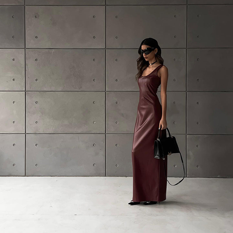 VESTIDO BURGUNDY EFECTO PIEL