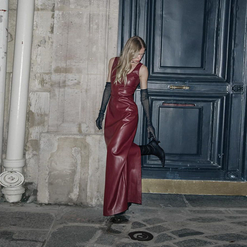 VESTIDO BURGUNDY EFECTO PIEL