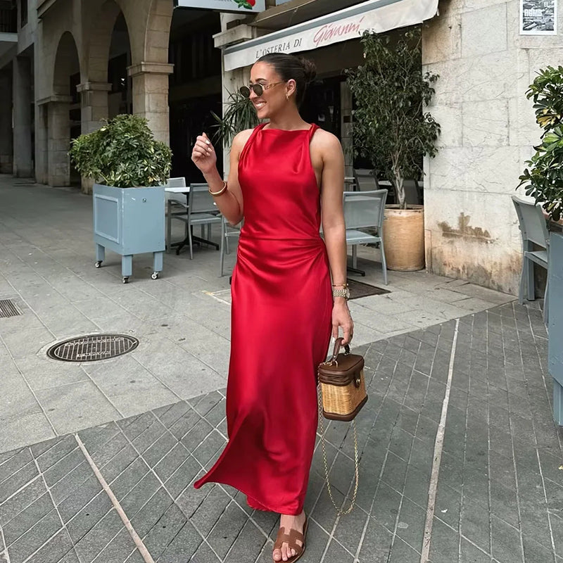 VESTIDO ROJO LARGO SATINADO