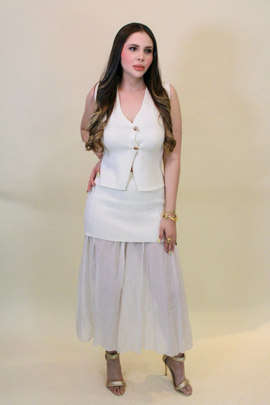 SET CHARLOTTE CAMEL CHALECO + FALDA