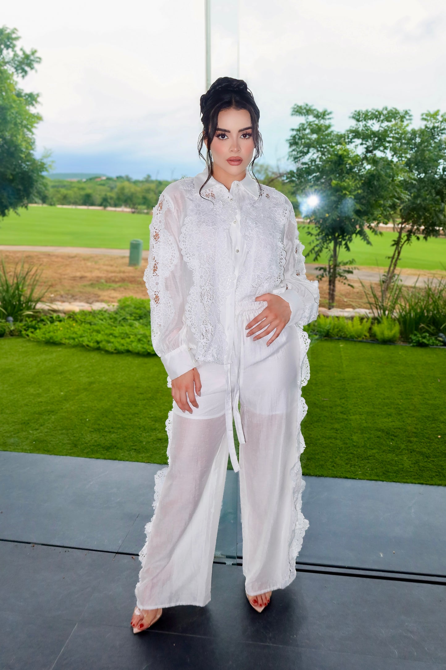 GENEVIEVE  BLANCO COTTON + SEDA SET PANTALON + CAMISA
