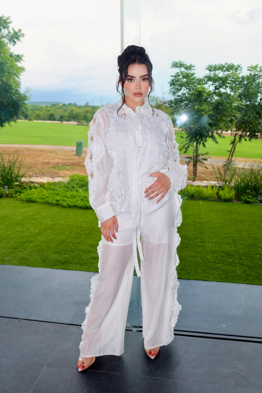 GENEVIEVE  BLANCO COTTON + SEDA SET PANTALON + CAMISA