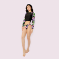 BIKINI MANGA LARGA NEGRO CON FLORES ROSAS Y LILAS