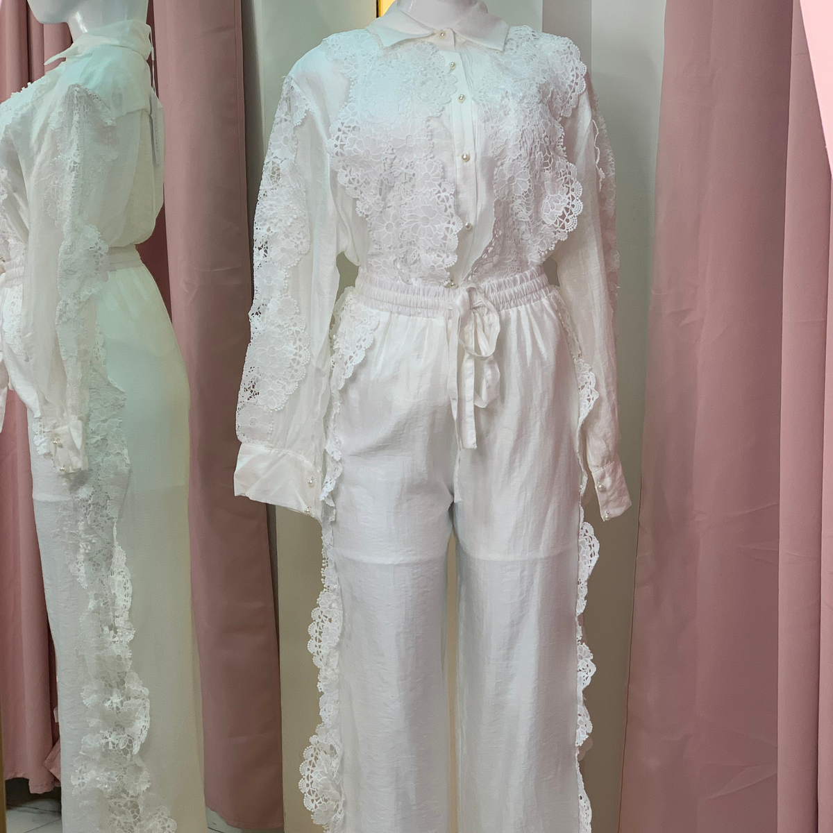 GENEVIEVE  BLANCO COTTON + SEDA SET PANTALON + CAMISA