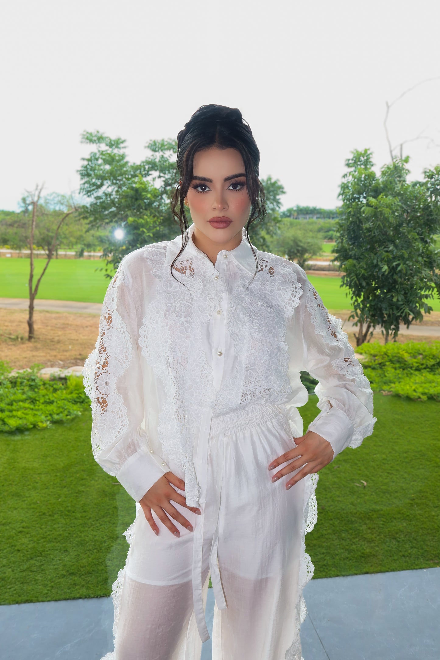 GENEVIEVE  BLANCO COTTON + SEDA SET PANTALON + CAMISA