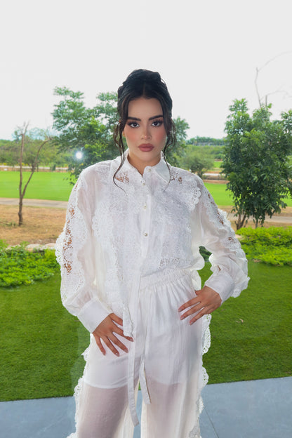GENEVIEVE  BLANCO COTTON + SEDA SET PANTALON + CAMISA