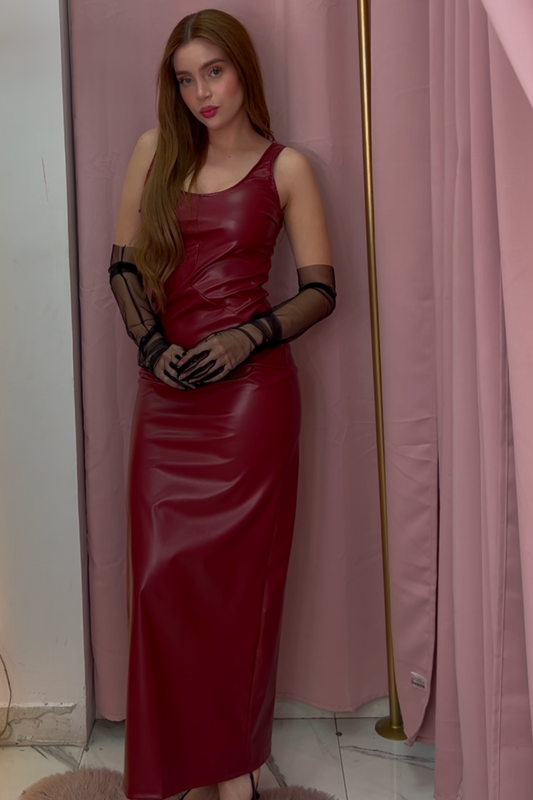 VESTIDO BURGUNDY EFECTO PIEL