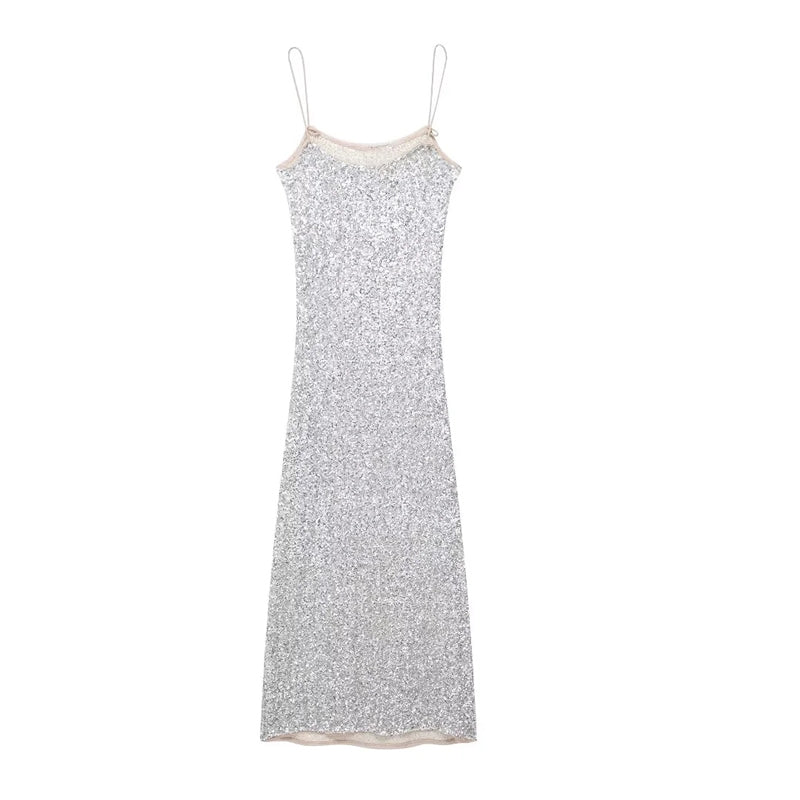 VESTIDO TIRANTE LENTEJUELA PLATA