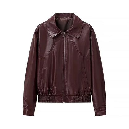 CHAMARRA BOMBER EFECTO PIEL CHOCOLATE- TINTO
