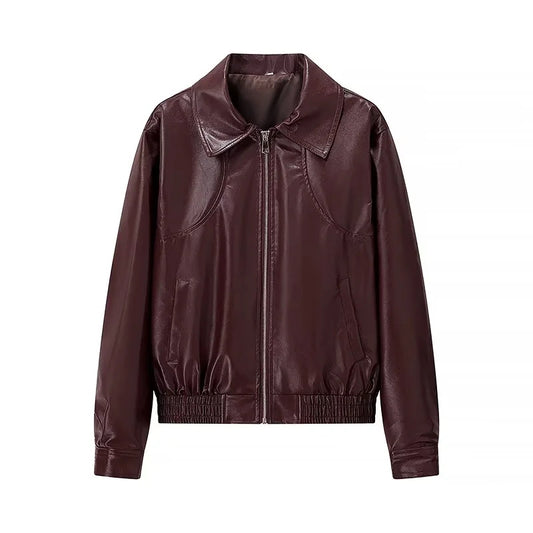 CHAMARRA BOMBER EFECTO PIEL CHOCOLATE- TINTO