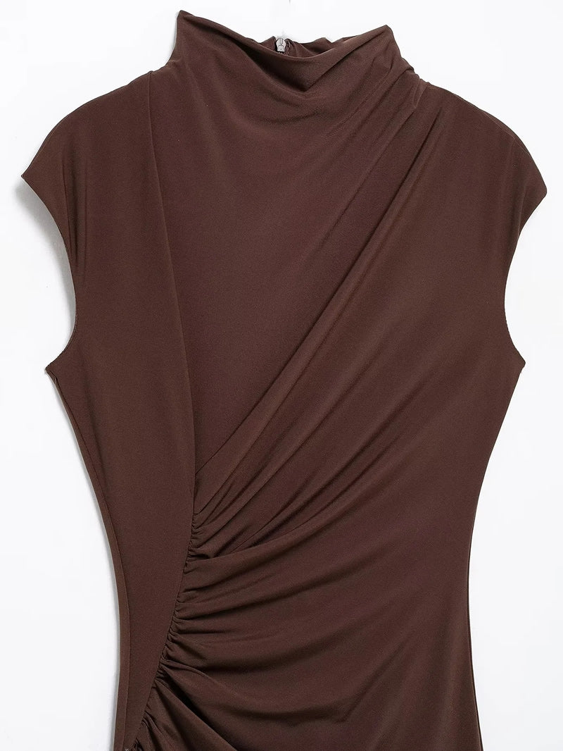 VESTIDO MIDI DRAPEADO CAFÉ
