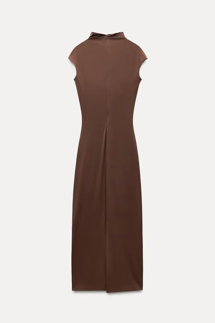 VESTIDO MIDI DRAPEADO CAFÉ