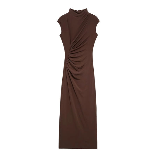 VESTIDO MIDI DRAPEADO CAFÉ