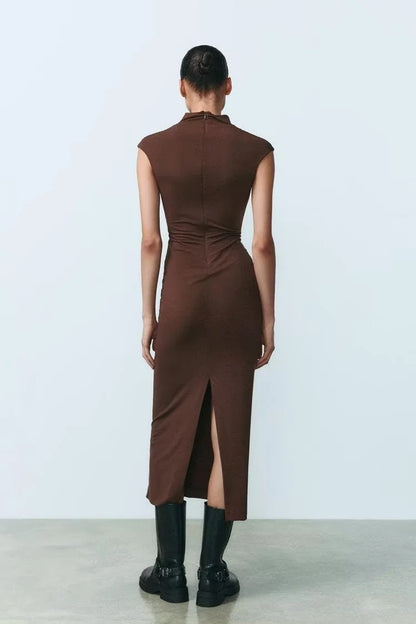 VESTIDO MIDI DRAPEADO CAFÉ