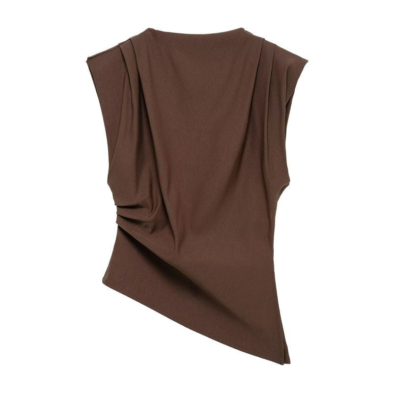 BLUSA CAFÉ ASIMÉTRICA CON HOMRERAS