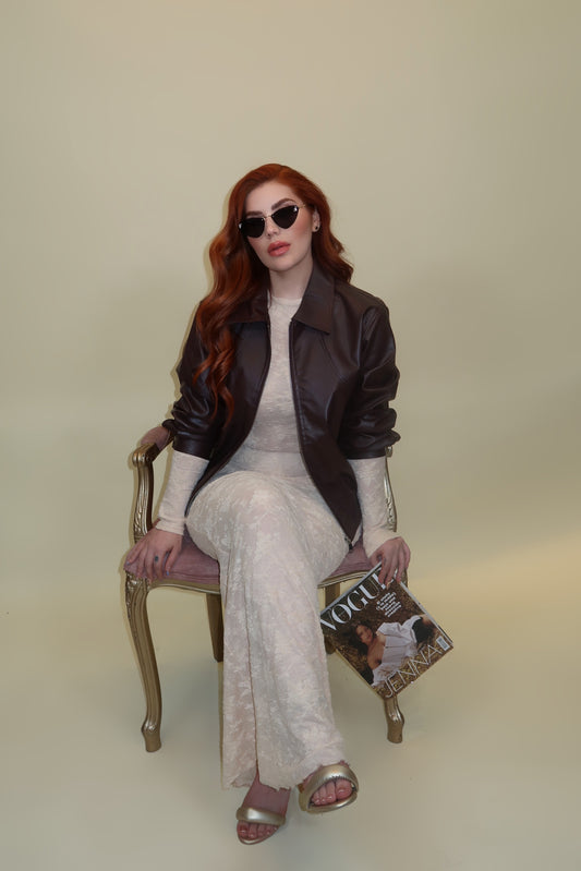 CHAMARRA BOMBER EFECTO PIEL CHOCOLATE- TINTO