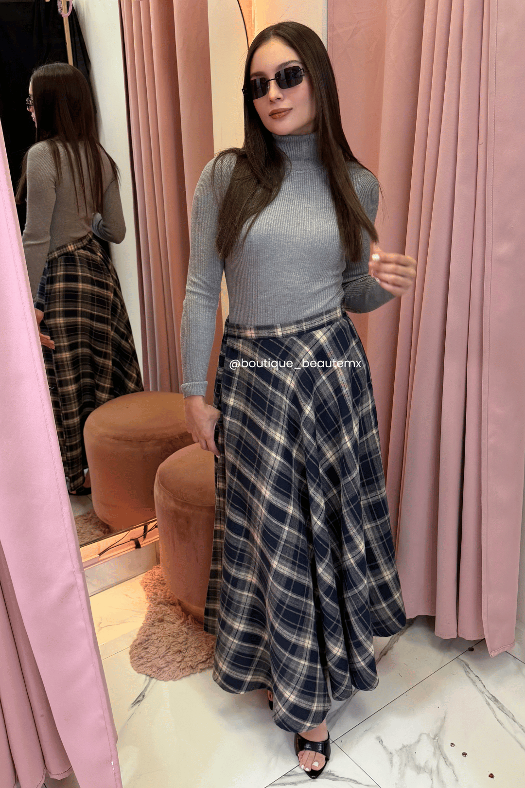 FALDA DEVI MAXI A CUADROS NAVY