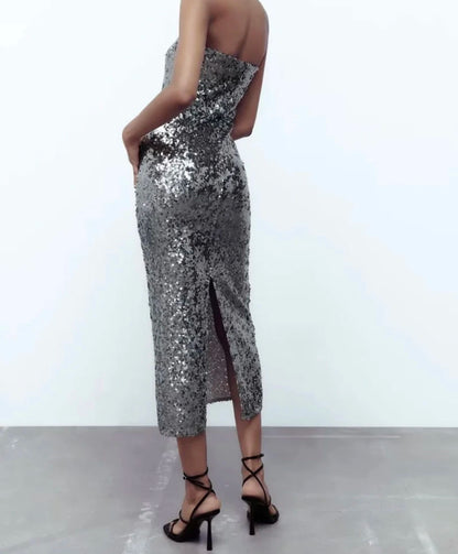 VESTIDO STRAPLE LENTEJUELA PLATA