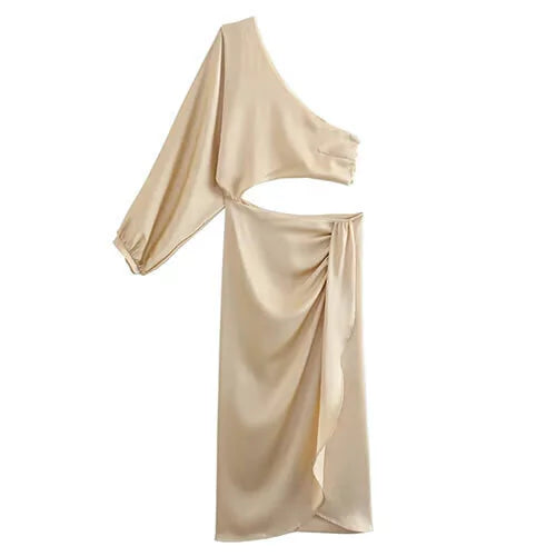 VESTIDO ASIMETRICO DE UNA MANGA CON CUTOUT CAMEL