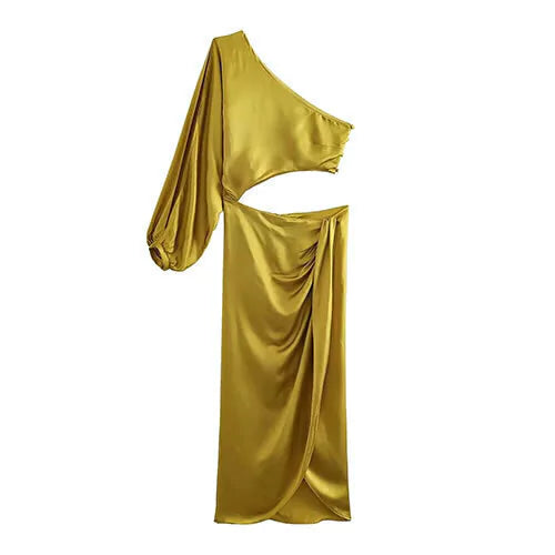 VESTIDO ASIMETRICO DE UNA MANGA CON CUTOUT OCRE