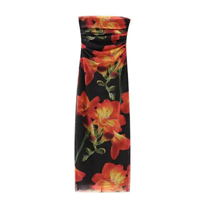 VESTIDO MESH LARGO CON FLORES NEGRO